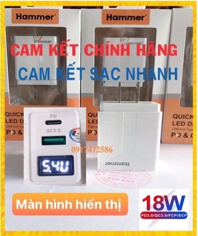 Cóc sạc nhanh Hammer H09 18W, PD & Quick Charge 3.0A, có LCD hiển thị dòng điện, Hàng chính hãng bảo hành 12 tháng