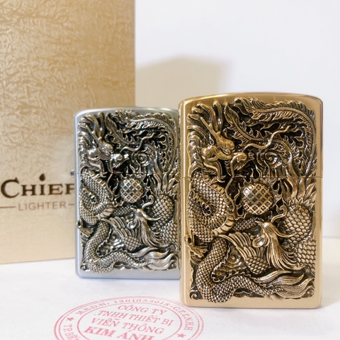 Hộp quẹt, bật lửa Chief đồng nguyên chất chủ đề Long Phụng Tranh Châu, hàng loại 1 cao cấp vỏ bằng đồng