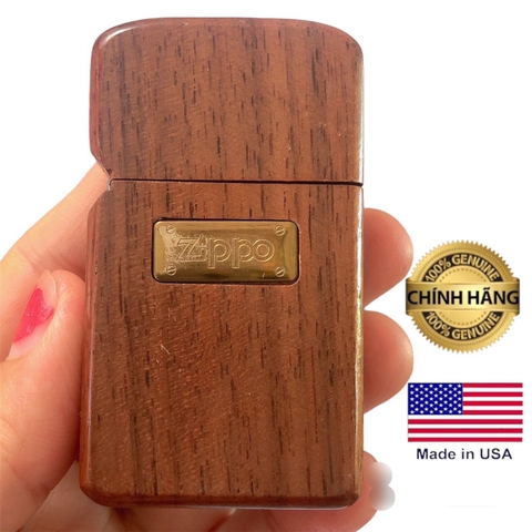 Bật lửa, hộp quẹt Zippo Mỹ Slim bọc gỗ, sản xuất 1990, Hàng chính hãng
