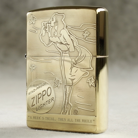 Hột quẹt Zippo MỸ Brass mã 204B khắc ăn mòn đổ sơn 5 mặt chủ đề Cô gái gió, Hàng chính hãng