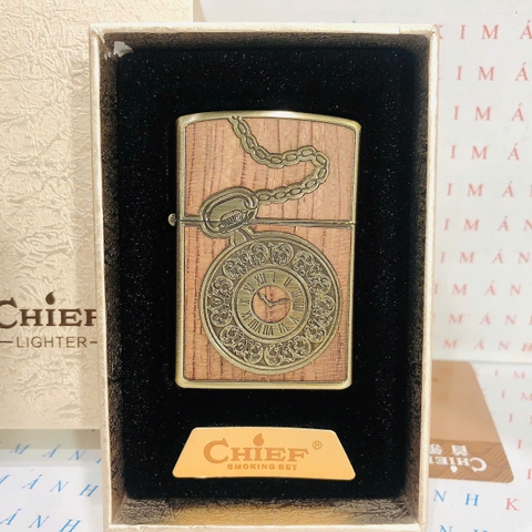Bật lửa, hộp quẹt CHIEF chủ đề Đồng hồ bỏ túi vân gỗ, Kim Ánh nhập hàng chính hãng vỏ bằng đồng
