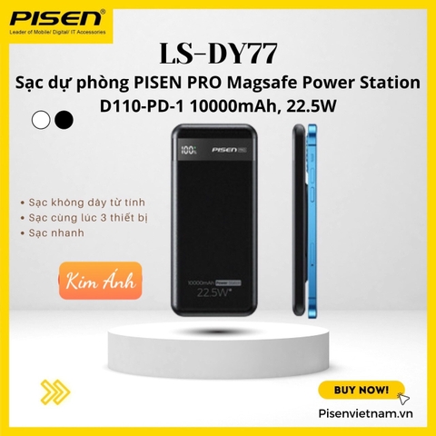 Sạc dự phòng không dây PISEN PRO Magsafe Power Station D110-PD-1 10000mAh, 22.5W, hàng chính hãng bảo hành 24 tháng
