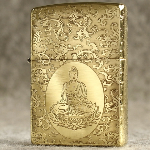 Hột quẹt, bật lửa Zippo MỸ Brass mã 204B khắc ăn mòn 5 mặt Phật Như Lai, Hàng chính hãng