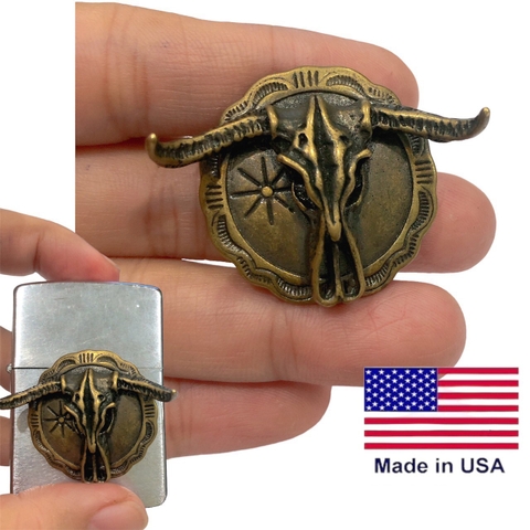 Eblem Ziippo Mỹ chủ đề Đầu bò 2 sừng, Chuẩn Zin Đồng thau Solid Brass