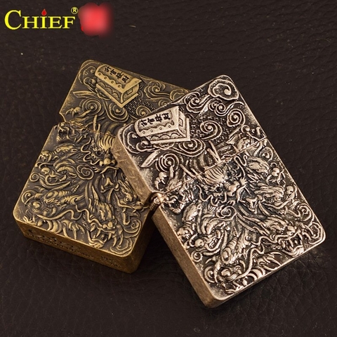Bật lửa, hộp quẹt Chief đắp nổi 2 mặt Cửu Long Tài Lộc, Hàng loại 1 vỏ bằng đồng