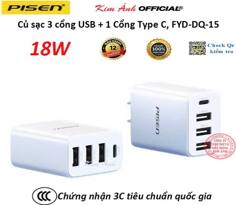 Củ sạc Pisen FYD-DQ-15 có 3 cổng USB + 1 cổng Type C công suất 18W, hàng chính hãng nội địa có chứng nhận 3C an toàn