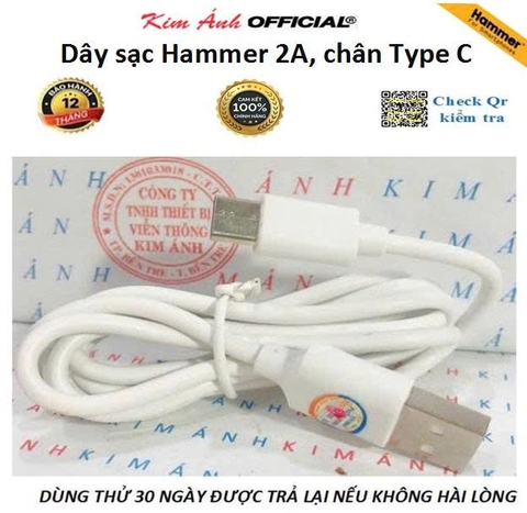 Dây sạc Hammer chân cắm Type C dòng điện 2A, Kim Ánh bảo hành hàng chính hãng 12 tháng
