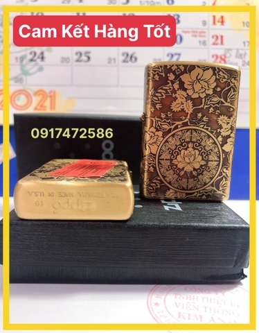 BẬT LỬA ZIPPO KHẮC CHÌM 5 MẶT BIỂU TƯỢNG HOA KHAI PHÚ QUÝ MÀU VÀNG