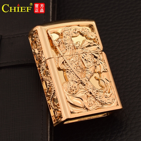 Hộp quẹt, bật lửa Chief đồng nguyên chất chủ đề Quan Công, hàng cao cấp vỏ bằng đồng
