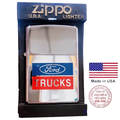 Bật lửa Zippo MỸ high polish chrome khắc ăn mòn đổ sơn Ford TRUCKS, mộc đáy ngược sản xuất 1996, Hàng chính hãng