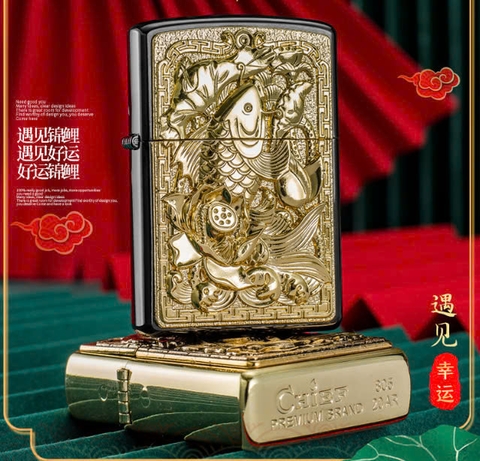 Hộp quẹt, bật lửa CHIEF đồng nguyên chất đắp nổi chủ đề Niên Niên Dư Hữu ( mỗi năm mỗi dư), hàng chính hãng