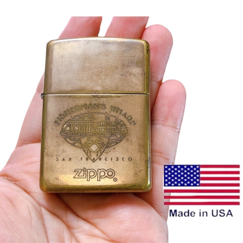 Bật lửa Zippo Mỹ Brass khắc ăn mòn FISNERMAN'S WMARF, mộc ngược ngược, sản xuất 1995