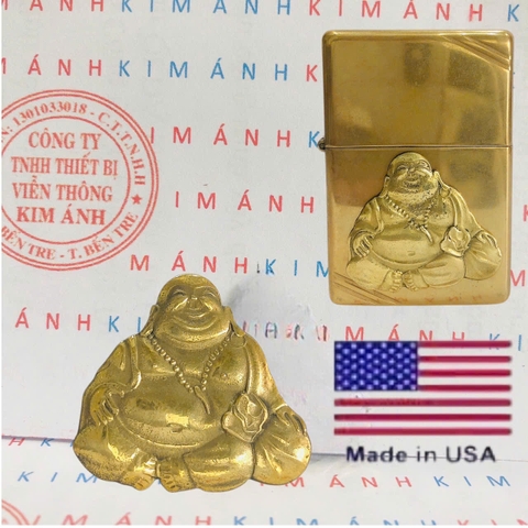 Miếng dán Eblem trang trí Zip po chủ đề Ông Phật Di Lặc, chất liệu đồng thau Solid Brass, hàng chuẩn zin Mỹ