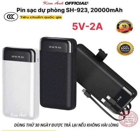 Pin sạc dự phòng SH-923, dung lượng 20000mAh dòng điện 5V-2A, có chứng nhận an toàn 3C tiêu chuẩn quốc gia