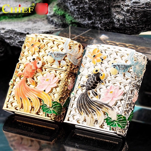 Hộp quẹt, bật lửa Chief đồng nguyên chất chủ đề Song Ngưu Hoa Liên, hàng cao cấp vỏ bằng đồng