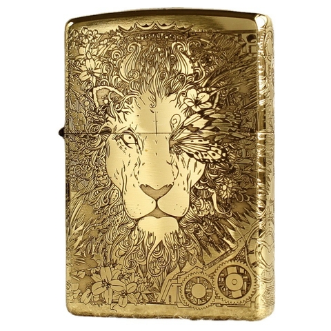 BẬT LỬA ZIPPO AMORR VỎ DÀY KHẮC ĂN MÒN 5 MẶT SƯ TỬ MẮT HOA MÀU VÀNG- VỎ ĐỒNG CÓ TEM ĐỎ