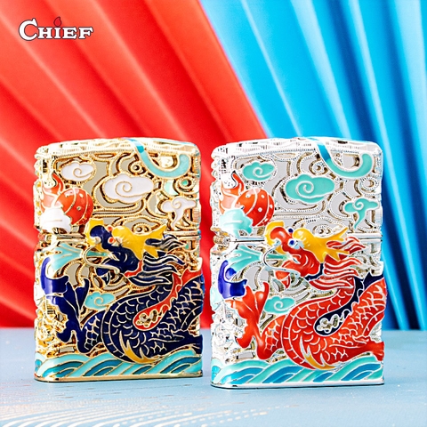 Bật lửa, hộp quẹt Chief đồng nguyên chất chủ đề Rồng Phun Châu, hàng chính hãng bằng đồng