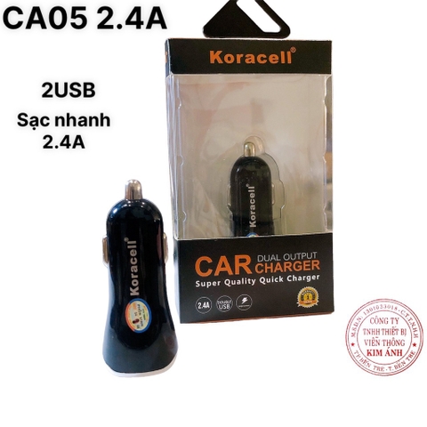 Sạc xe hơi Koracell CA05 - 2,4A có 2 cổng USB  hàng chính hãng bảo hành 12 tháng