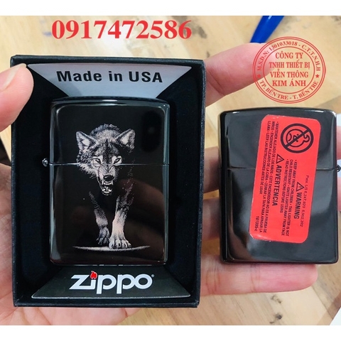 Bật lửa, hộp quẹt Chó Sói màu đen bóng, Hàng loại 1 vỏ bằng đồng có tem đỏ