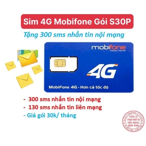 Sim 4G Mobifone dùng Telesale gói S30P Ưu đãi 300 SMS miễn phí,  Nhắn tin thả ga chỉ 30K/tháng, Hàng Chính Hãng