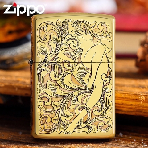Bật lửa Zippo Mỹ high polish brass Khắc ăn mòn chủ đề Thiếu Nữ, Hàng chính hãng