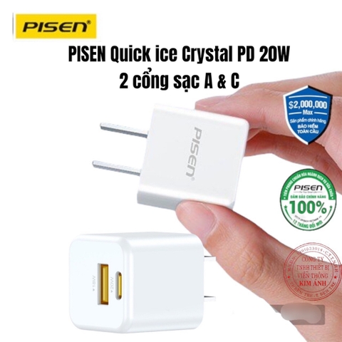 Cóc sạc nhanh Pisen Quick ice Crystal 20W ( KPQ201 ) siêu nhỏ 2 cổng sạc, bảo hành chính hãng 18 tháng