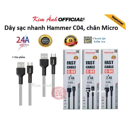 Dây sạc nhanh Hammer C04 chân cắm Micro dòng điện 5v-2.4A, dây dù sạc nhanh chính hãng,check Qr
