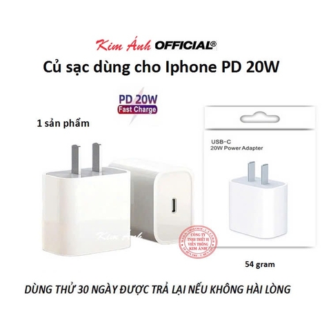 Củ sạc nhanh PD 20W dùng cho Iphone, chân đồng, chống cháy, nặng 54gram, bảo hành 12 tháng, được dùng thử 30 ngày
