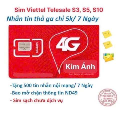 Sim Viettel các loại Telesale gói S5/ S3/ S10, ưu đãi miễn phí nhắn tin nội mạng theo ngày, theo tuần, theo tháng