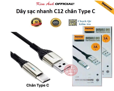 Dây sạc nhanh Hammer dòng 3A ( H-C12-C ), Chân TypeC, Có đèn báo, Hàng Chính Hãng