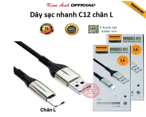 IP- Dây sạc nhanh 3A Hiệu Hammer ( H-C12-I ), Chân Linghtning  Có đèn báo, Hàng Chính Hãng bảo hành 12 tháng