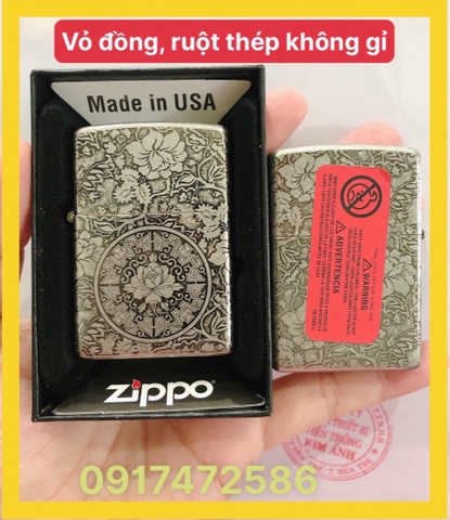 BẬT LỬA ZIPPO MẠ CHROME KHẮC CHÌM 5 MẶT BIỂU TƯỢNG HOA KHAI PHÚ QUÝ MÀU BẠC LOẠI GIẢ CỔ