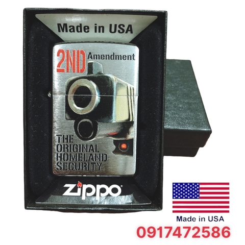 Bật lửa Zippo Mỹ chrome brushed khắc ăn mòn đổ sơn 2ND Amendment , Hàng chính hãng