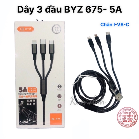 Dây sạc đa năng BYZ 675,  3 đầu ( I-C-V8 ) Hàng chính hãng bảo hành 12 tháng