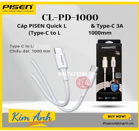 Dây sạc nhanh Pisen Quick L & Type-C 3A (Type-C to L ) 1000mm - (CL-PD-1000),  Hàng Chính Hãng