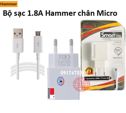V8-Bộ Sạc Hammer Dòng Điện 1.8A Chuôi Micro USB - HÀNG CHÍNH HÃNG BẢO HÀNH 12 THÁNG