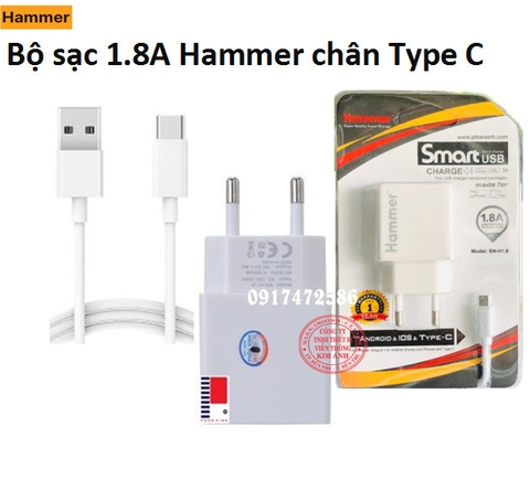 Type C- Bộ Sạc Hammer Dòng Điện 1.8A Chuôi Type C - HÀNG CHÍNH HÃNG BẢO HÀNH 12 THÁNG