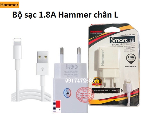 Bộ Sạc Hammer Dòng Điện 1.8A Chuôi Lightning- HÀNG CHÍNH HÃNG BẢO HÀNH 12 THÁNG
