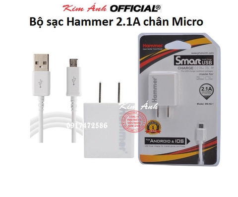V8-Bộ sạc Hammer Dòng Điện 2.1A, chuôi Micro  - Hàng Chính Hãng bảo hành 12 tháng