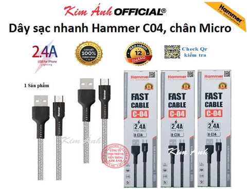 Dây sạc nhanh Hammer C04 các loại chân cắm Type C, dòng điện 5v-2.4A, dây dù sạc nhanh chính hãng,check Qr