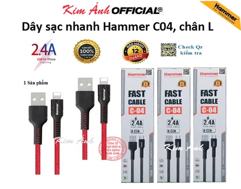 Dây sạc nhanh Hammer C04 các loại chân cắm Linghtning, dòng điện 5v-2.4A, dây bện dù, chính hãng check Qr