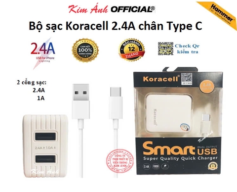 Bộ Sạc nhanh Koracell 2.4A chân Type C (2 cổng USB), check Qr kiểm tra hàng chính hãng, bảo hành 12 tháng