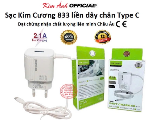 Sạc điện thoại Kim Cương KMG 833 2.1A chân Type C có thêm cổng USB, đạt chất lượng CE - Hàng Chính Hãng bảo hành 1 năm