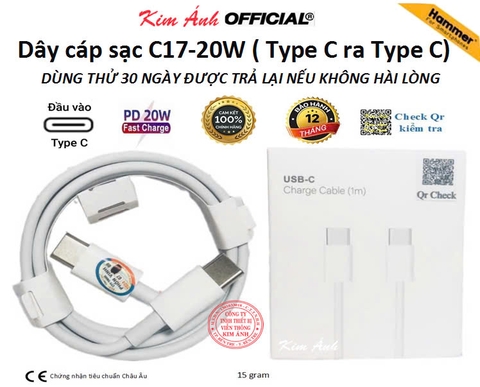 Dây sạc nhanh Hammer PD 20W (C17) chân cắm Type C ra Type C, sạc rất nhanh vào pin, Kim Ánh bảo hành chính hãng 1 năm