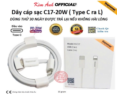 Dây cáp sạc Hammer PD 20W (C17) dùng cho IPhone, chân cắm Type C ra Lightning sạc nhanh vào pin, Check QR kiểm tra chính hãng, bảo hành 1 năm