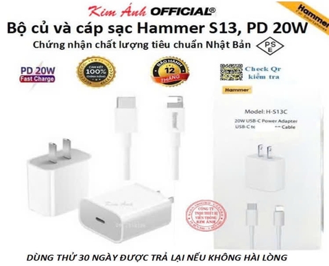 Bộ củ và cáp sạc nhanh Hammer công suất chuẩn PD 20W chân cắm Linghtning, tiêu chuẩn Nhật PSE, Hàng chính hãng bảo hành 1 năm