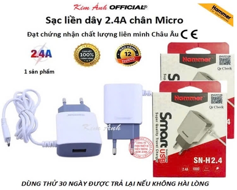Sạc điện thoại Hammer liền dây 2.4A chân cắm Micro, có thêm cổng USB dự phòng, Kim Ánh bảo hành chính hãng 1 năm