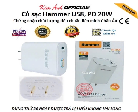 Củ sạcHammer H-U58 sạc nhanh PD 20W, đạt chứng nhận tiêu chuẩn CE, Check Qr kiểm tra hàng chính hãng bảo hành 12 tháng