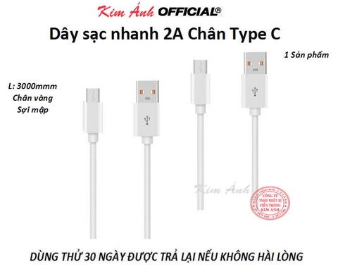 Dây sạc 3 mét dòng điện 2A chân cắm Type C, chân tiếp xúc đồng sạc rất nhanh vào pin, Kim Ánh bảo hành 1 năm
