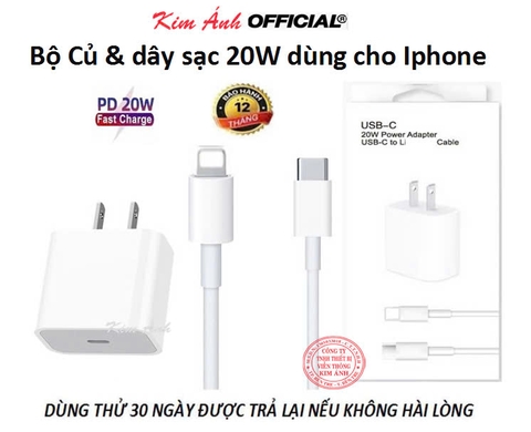 Bộ sạc nhanh PD 20W chân cắm L, Hàng cao cấp sạc rất nhanh vào pin, Kim Ánh bảo hành 12 tháng, cho dùng thử 30 ngày